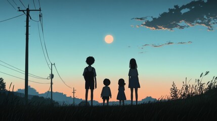 Fototapeta premium Silhouette of family watching sunset.