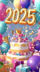 Happy Birthday 2025 Celebration Cake Balloons Gifts