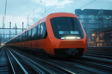 Naklejka premium Modern train in urban setting during twilight with city skyline in background