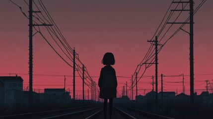 Silhouette of girl with backpack standing on train tracks at sunset.
