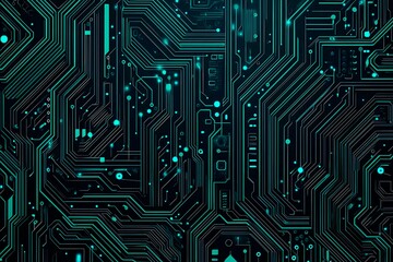 Abstract close-up of a glowing blue digital circuit board, showcasing intricate connections and technological design on a black background.
