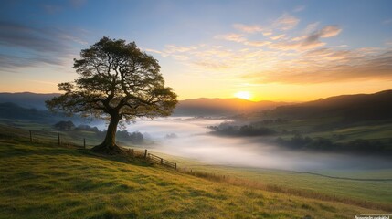 Obraz premium Serene Landscape at Sunrise with Majestic Tree Overlooking Misty Valley and Rolling Hills in a Tranquil Natural Setting