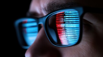 Close-up of glasses reflecting colorful digital data on face