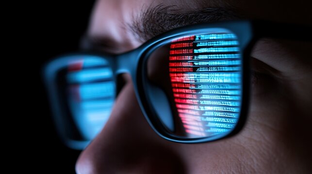 Close-up of glasses reflecting colorful digital data on face