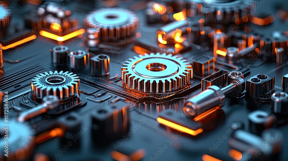 Poster Metallic abstract background concept. Close-up of intricate gears and circuits illuminated by glowing lights.