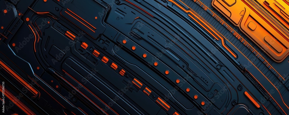 Poster metallic abstract background concept. abstract digital circuitry design with vibrant orange and blue