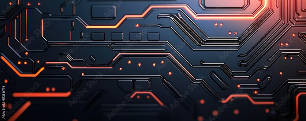 Poster Metallic abstract background concept. Abstract circuit board design with vibrant lines and glowing elements.