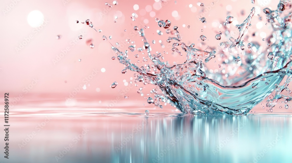 Poster Splash abstract background concept. Beautiful splash of water creating ripples against a soft pink background.