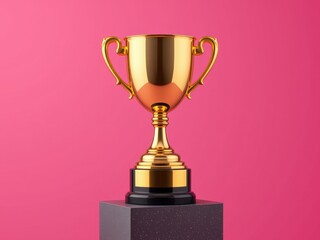 Fototapeta premium Golden Trophy Award on Pink Background Winner Prize Success Achievement Victory