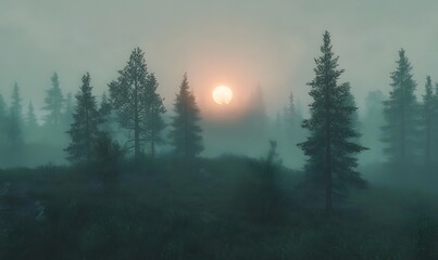 Fototapeta premium A quiet forest and the sun shrouded in mist at dawn, Generative AI 
