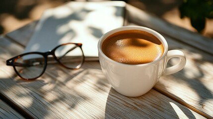 Espresso coffee on a table near glasses and a book