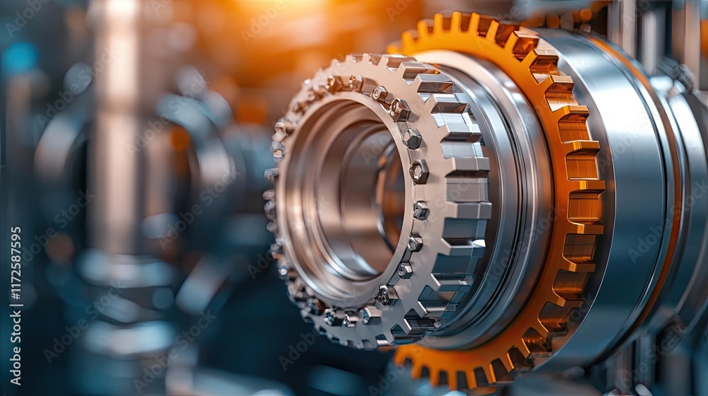 Poster Metallic abstract background concept. Close-up view of a metallic gear mechanism with intricate details and precision engineering.