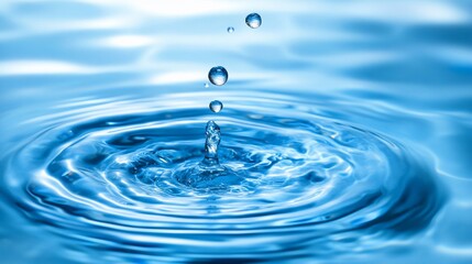 Water drops falling, creating concentric ripples on a blue surface.