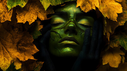 Female model wearing fantasy green makeup, touching face with black painted hands while posing amid vibrant fallen autumn leaves, eyes closed