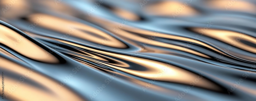 Poster Metallic abstract background concept. Beautiful reflective waves creating a soothing water surface with light patterns.