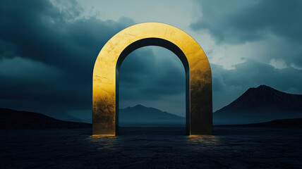 A minimalistic golden archway stands in the center of a black desert, set against a surreal dark sky, creating a striking contrast that evokes a sense of mystery and elegance.