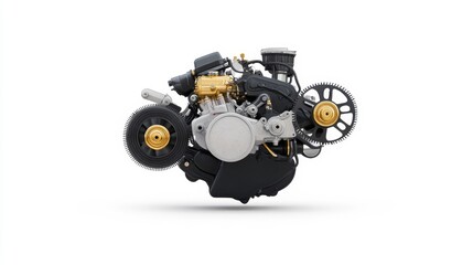 Fototapeta premium Detailed view of a modern automotive engine with various components showcasing intricate design elements and advanced engineering for automotive enthusiasts and mechanics.