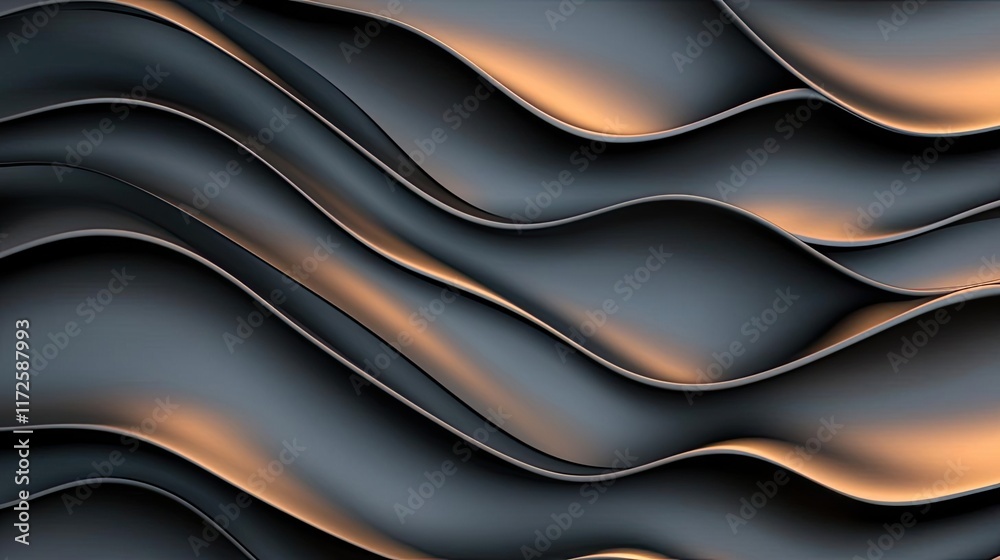 Poster Metallic abstract background concept. Abstract wavy texture with soft gradients in black and gold tones.
