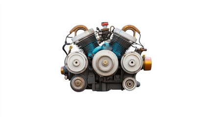 Detailed Close-up of a Vintage Engine with Blue and Silver Components, Showcasing Mechanical Design, Each Element Highlighting Craftsmanship and Engineering Mastery