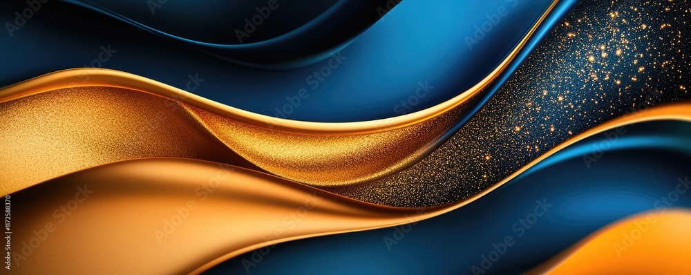 Poster Glitter abstract background concept. Abstract wave pattern in vibrant blue and gold colors, creating a smooth flowing effect.