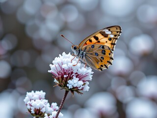 Obraz premium Beautiful Butterfly on Snow Covered Flower Winter Nature Scene Macro Photography