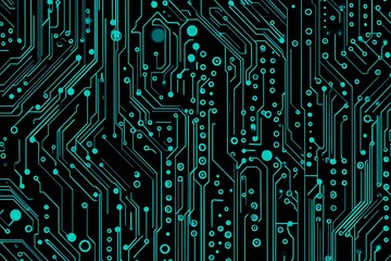 Abstract close-up of a glowing blue digital circuit board, showcasing intricate connections and technological design on a black background.
