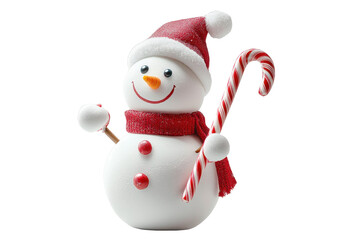 Fototapeta premium A cheerful snowman wearing a red hat and scarf, holding a candy cane, embodying a festive winter spirit.