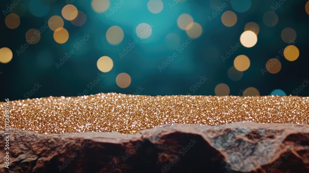 Poster glitter abstract background concept. shimmering golden sand gleams under soft blue bokeh lights, cre