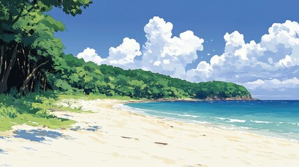 Naklejka premium Relaxing beach day tropical coast digital art sunny environment wide viewpoint nature concept
