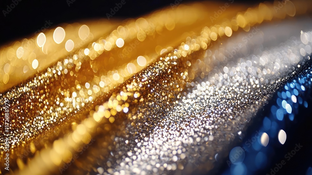 Poster glitter abstract background concept. close-up of glittery surfaces in gold, silver, and blue creatin