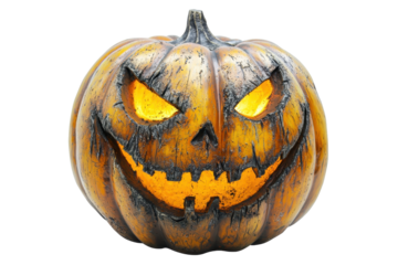 A sinister jack-o'-lantern with glowing eyes and a menacing grin.