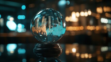 Crystal Ball Forecasting: Futuristic Stock Market Predictions Displayed in a Glass Sphere on Dark Surface
