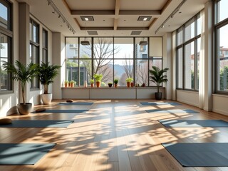 Fototapeta premium Sunlit Modern Yoga Studio with Mats Plants and Large Windows
