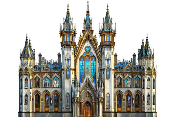 Fototapeta premium A stunning, ornate castle featuring intricate architectural details, vibrant stained glass, and soaring spires, showcasing elegance and grandeur.