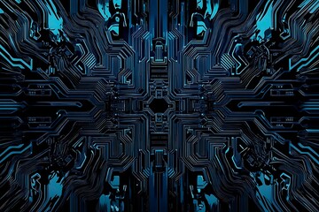 Abstract close-up of a glowing blue digital circuit board, showcasing intricate connections and technological design on a black background.
