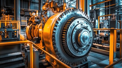 Fototapeta premium Abstract photo of industrial machinery with colorful highlights and a dynamic, futuristic feel.