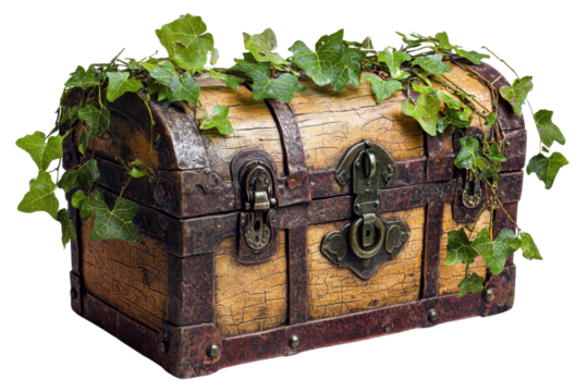 A vintage wooden treasure chest adorned with lush green ivy, showcasing intricate metal locks and a weathered finish.