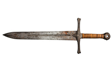 A detailed, aged sword with a distinct blade and textured grip, showcasing historical craftsmanship and wear.