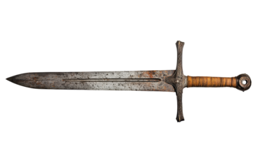 A detailed, aged sword with a distinct blade and textured grip, showcasing historical craftsmanship and wear.