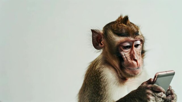 Monkey browsing on smartphone isolated on white background