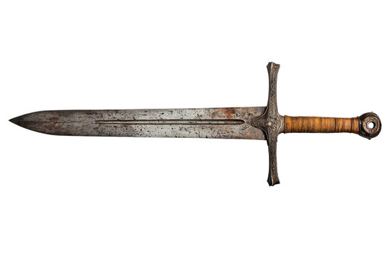 A detailed, aged sword with a distinct blade and textured grip, showcasing historical craftsmanship and wear.