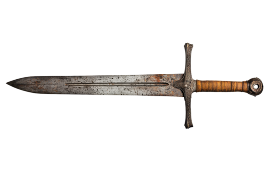 A detailed, aged sword with a distinct blade and textured grip, showcasing historical craftsmanship and wear.
