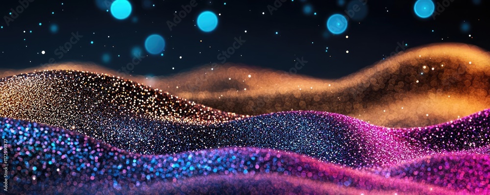 Poster Glitter abstract background concept. Abstract colorful waves with sparkling lights creating a mesmerizing visual effect.