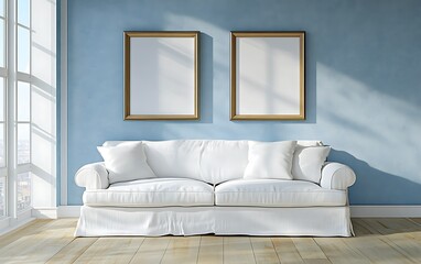 Fototapeta premium Sunny living room, white sofa, two frames, city view. Home decor mock-up.