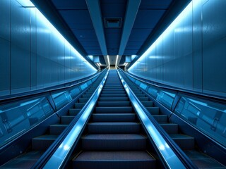 Obraz premium Modern Escalator in Futuristic Blue Lit Subway Station Ascending Steps Architectural Design