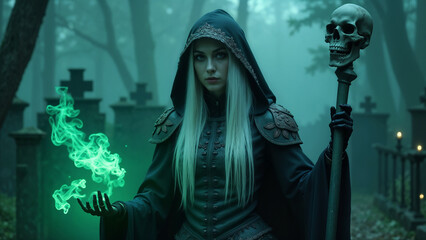 Obraz premium Hooded woman with features holding skull staff, cemetery in background