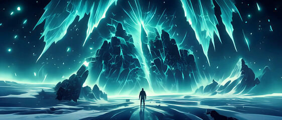 Man And A Fantastic Space Of Rocks And Ice. Illustration On The Theme Of Comics, History, Fantasy And Computer Games.  Generative AI