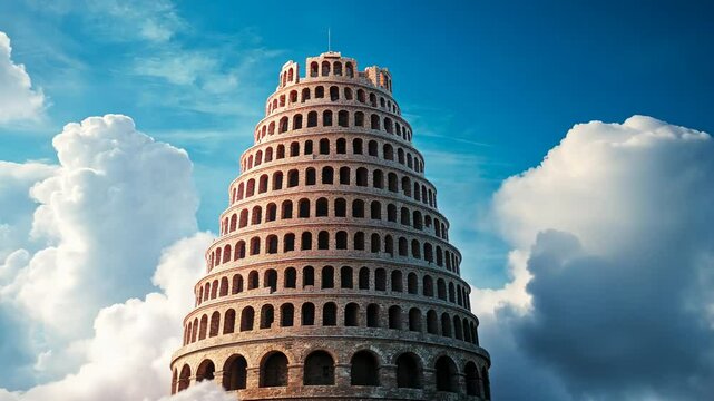 Tower of Babel rises through clouds with a majestic sky backdrop, showcasing artistic imagination and ancient architecture