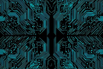 Abstract close-up of a glowing blue digital circuit board, showcasing intricate connections and technological design on a black background.
