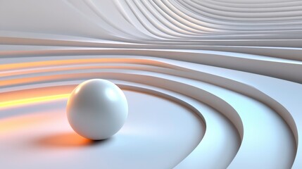 Dynamic white sphere rolling through abstract curved landscape 3d graphics modern minimalist design digital art